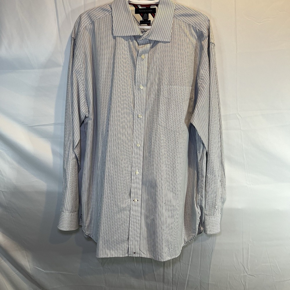 Tommy Hilfiger XL Button Up‎ Shirt Plaid 80s 2-Ply Preppy White Blue Mens XLarge